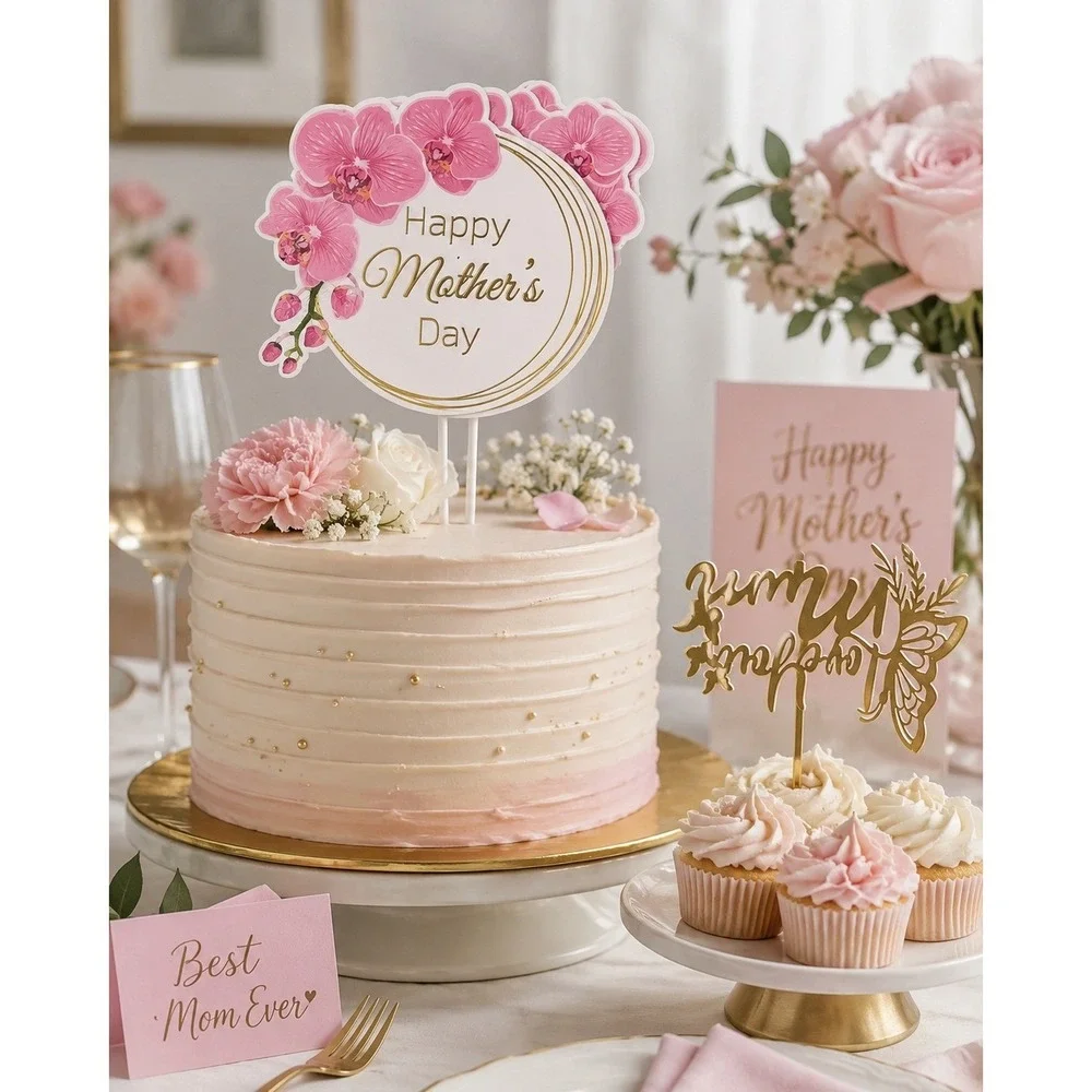 Happy Mother's Day Cake Topper Set Pink Orchid Gold Butterfly Floral Party Decor